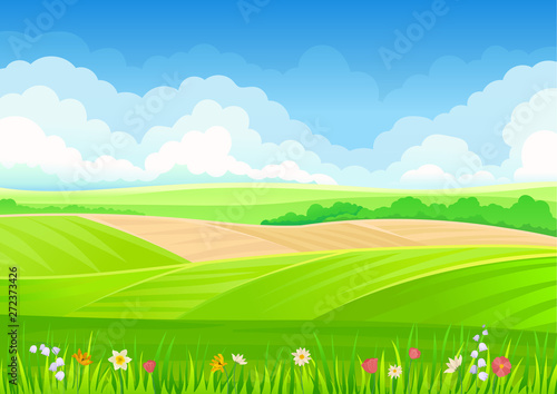 Flower meadow in the hills. Vector illustration on white background.