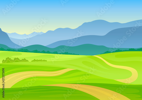 Trail meanders in a hilly meadow. Vector illustration on white background.