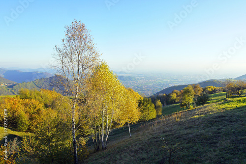 Autumn mood on Monte di Nese near Bergamo. View on misty Padan Plane.