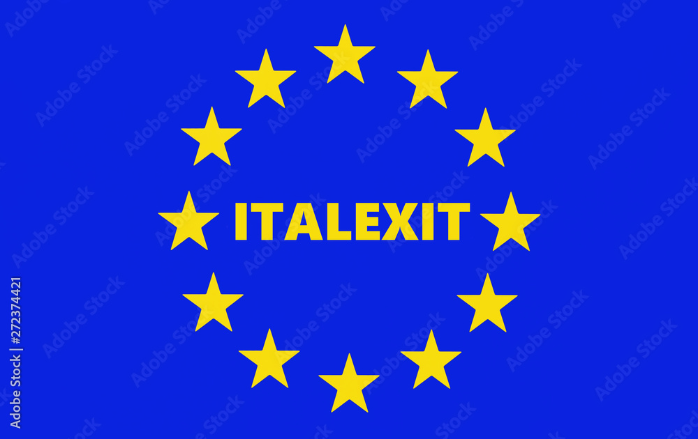 The word italexit in the middle of the European Union flag that evokes the exit from The Community and euro currency zone The word italexit in the middle of the European Union flag that evokes the exit from The Community and euro currency zone