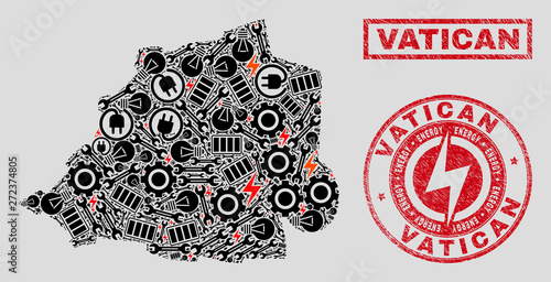 Composition of mosaic power supply Vatican map and grunge stamp seals. Mosaic vector Vatican map is designed with gear and power symbols. Black and red colors used. Concept for power supply business.