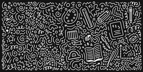 Welcome back to school doodle background. Template for sale banner. Hand drawn elements. Education concept. Typography emblem. Vector