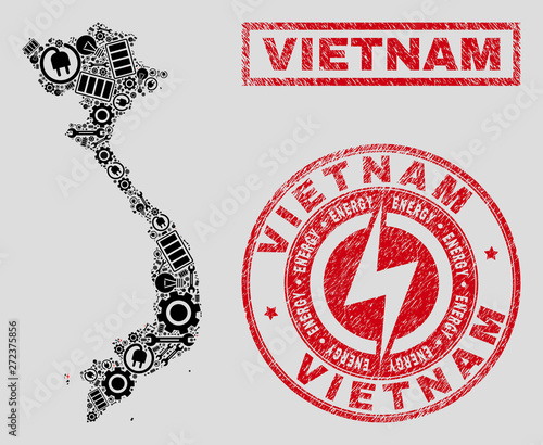 Composition of mosaic power supply Vietnam map and grunge stamps. Mosaic vector Vietnam map is composed with service and electricity elements. Black and red colors used.