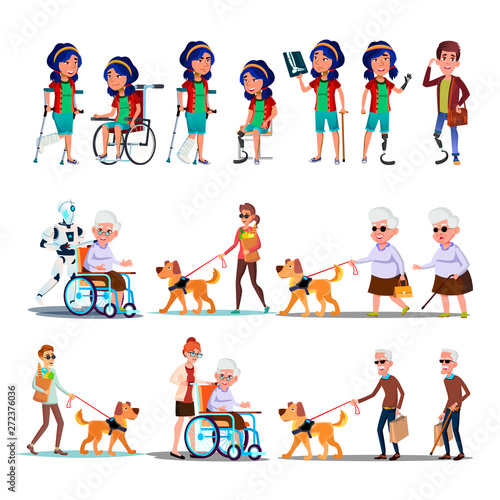 Different Character Person Invalid Set Vector. Collection Of Invalid Woman With Broken Leg And Man Amputated Foot, Blind Grandfather With Dog And Grandmother In Wheel Chair Flat Cartoon Illustration