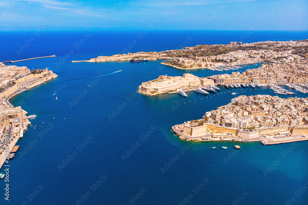 Valletta capital city of Malta. Panorama senglea, Birgu, Kalkara. Aerial top view
