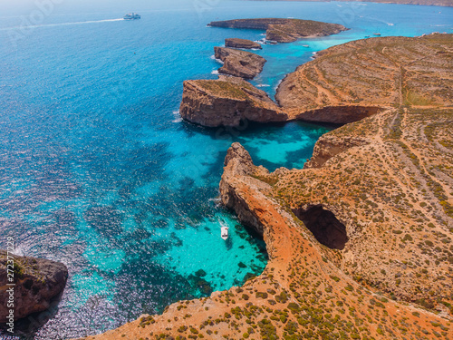 Panorama of Blue Lagoon Comino Malta. Cote Azur, turquoise clear water with white sand. Aerial view © Parilov