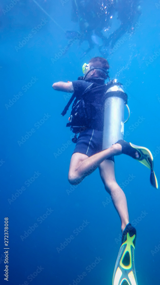Under the water, the diver swims in the thickness of the sea water near the surface Under the water, the diver swims in the thickness of the sea water near the surface