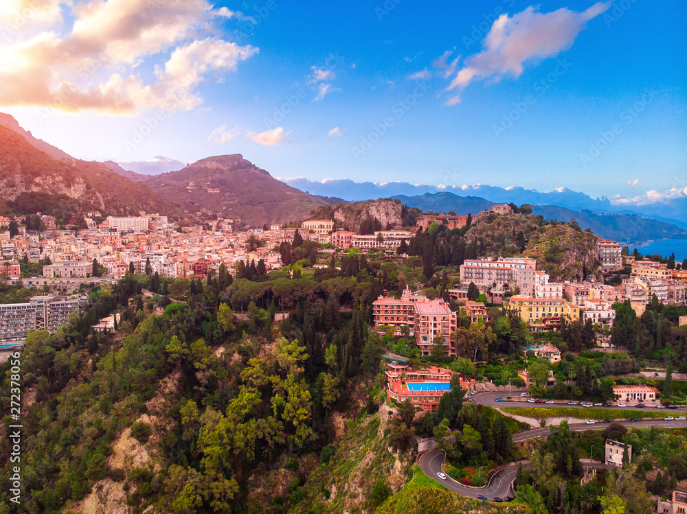 Taormina, Sicily Italy sunset landscape. Aerial top view, drone photo