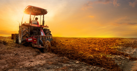 Acrylglasbilder Traktor Traktor bereitet Boden im Abendrot vor  © singkham