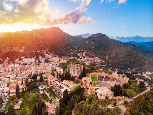 landscape europe city Taormina sunset. Aerial top view Sicily Italy