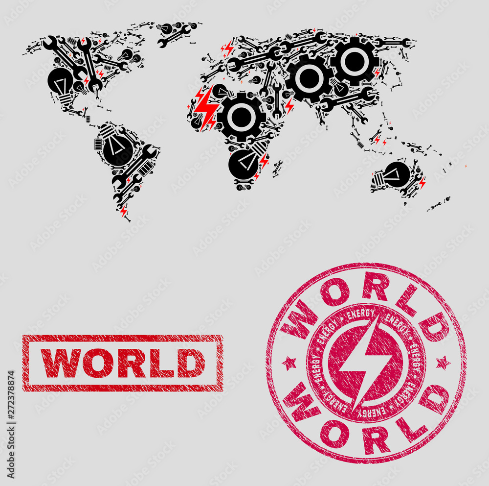 Obraz premium Composition of mosaic electricity world map and grunge seals. Mosaic vector world map is composed with service and power elements. Black and red colors used. Concept for power supply business.