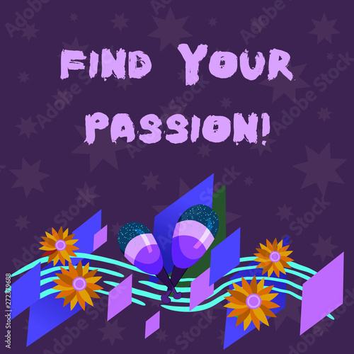Writing note showing Find Your Passion. Business photo showcasing search for strong and barely controllable emotions Colorful Instrument Maracas Handmade Flowers and Curved Musical Staff