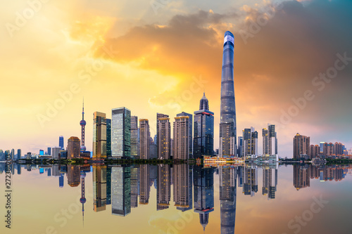 Shanghai skyline and modern urban skyscrapers at sunset China