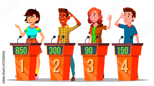 Character Participating In Tv Quiz Show Vector. Young Multicultural Man And Woman Standing Behind Podium With Microphone Playing In Quiz Game. Competition Flat Cartoon Illustration