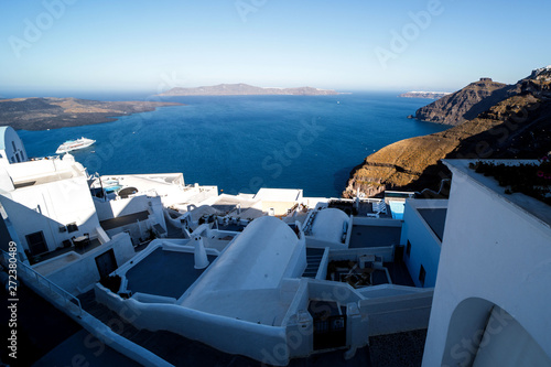The sea view terrace at luxury hotel, Santorini island, Greece. Romantic vacation by the sea