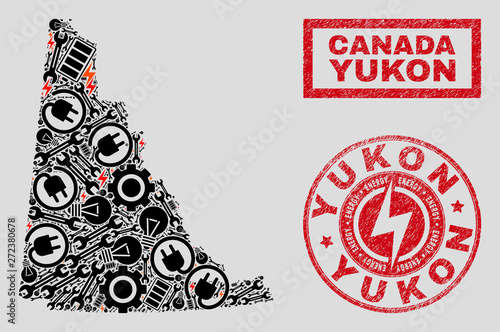 Composition of mosaic power supply Yukon Province map and grunge stamps. Mosaic vector Yukon Province map is composed with tools and energy icons. Black and red colors used.