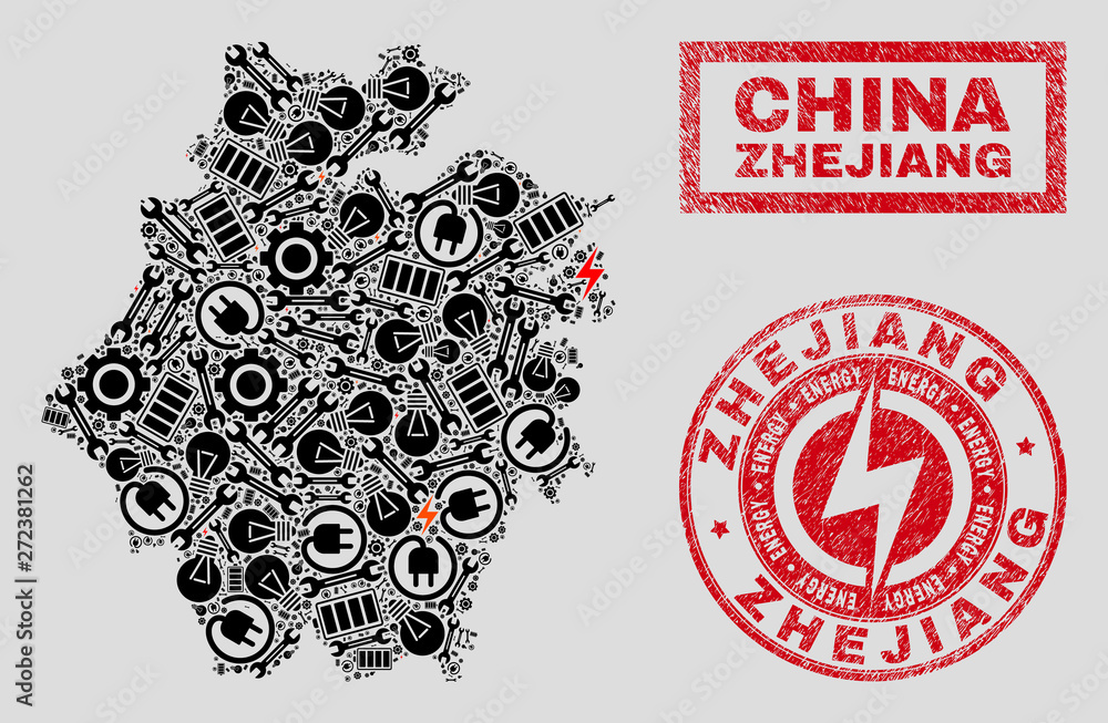 Composition of mosaic power supply Zhejiang Province map and grunge watermarks. Mosaic vector Zhejiang Province map is created with equipment and bulb icons. Black and red colors used. Composition of mosaic power supply Zhejiang Province map and grunge watermarks. Mosaic vector Zhejiang Province map is created with equipment and bulb icons. Black and red colors used.