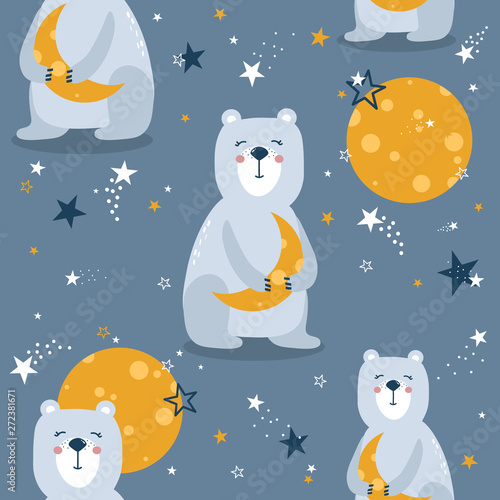 Sleeping bears, hand drawn backdrop. Colorful seamless pattern with animals, moon, stars. Decorative cute wallpaper, good for printing. Overlapping colored background vector. Design illustration. Zzzz © Talirina