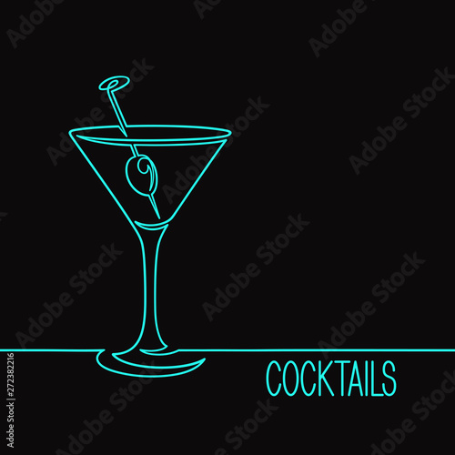 Cocktail glass with olive. One continuous line drawing