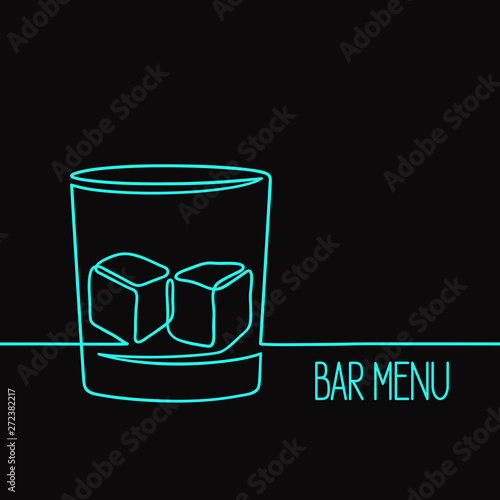 Whiskey glass with ice cubes. One continuous line drawing