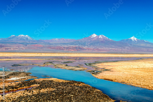 Beautiful landscape of the Chaxa Lake (Laguna Chaxa) with reflection of surroundings and blue sky in Salar of Atacama, Chile