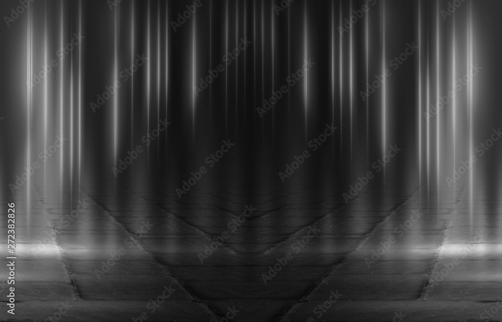 Empty background scene. Dark street reflection on the wet paveme Empty background scene. Dark street reflection on the wet paveme