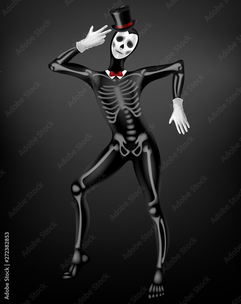 Mime in death or deceased tight suit with skeleton bones, skull drawing on black fabric, top hat, white gloves 3d realistic vector. Halloween party, Mexican Day of Dead festival costume illustration