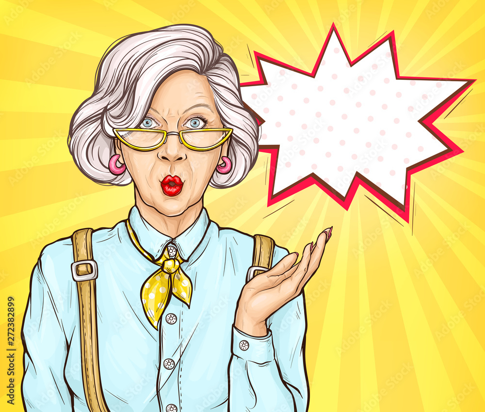 Fototapeta Pop-artu, stara kobieta z wyrazem twarzy zaskoczony wow, babcia, starszy dama portret z nowoczesną fryzurę i akcesoria na żółtym tle w stylu retro komiksu, ilustracji wektorowych