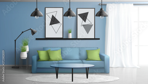 Comfortable house or apartment living room 3d realistic vector modern interior mockup with soft sofa, glass coffee table, paintings on wall, white carpet on laminate floor, large window illustration
