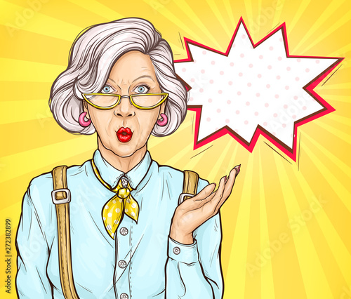 Pop art old woman with surprised wow face expression, grandmother, senior fashioned lady portrait with modern hairstyle and accessories on retro comic book style yellow background, vector Illustration