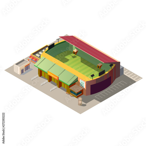 Soccer stadium building with ticket office and empty parking area low poly isometric vector illustration isolated on white background. City sport and recreation, urban infrastructure design element