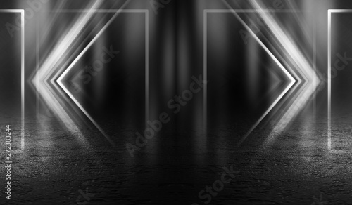 Empty background scene. Dark street reflection on the wet pavement. Rays  neon light in the dark  neon figures  smoke. Night view of the street  the city. Abstract dark background.