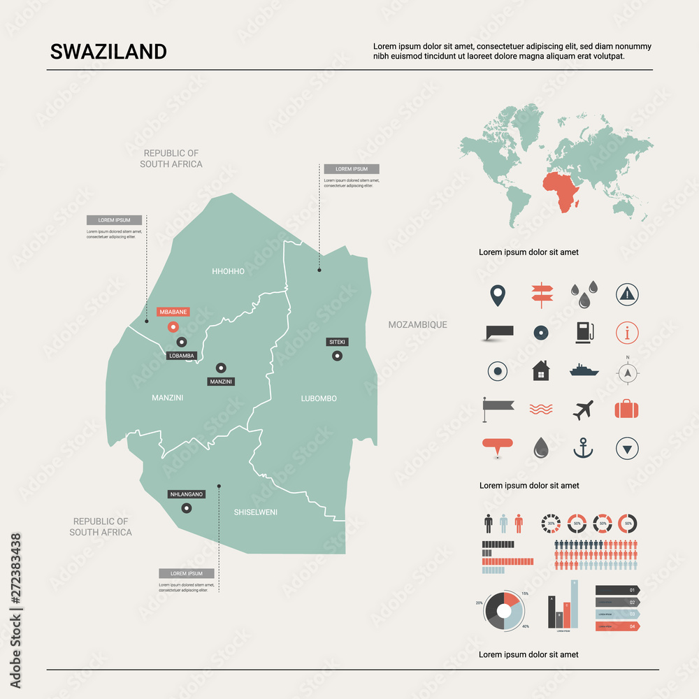 Vector map of Swaziland. Country map with division, cities and capital Mbabane. Political map,  world map, infographic elements