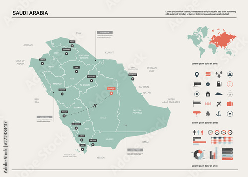 Vector map of Saudi Arabia. Country map with division, cities and capital Riyadh. Political map,  world map, infographic elements.