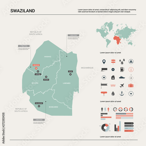Vector map of Swaziland. Country map with division, cities and capital Mbabane. Political map, world map, infographic elements