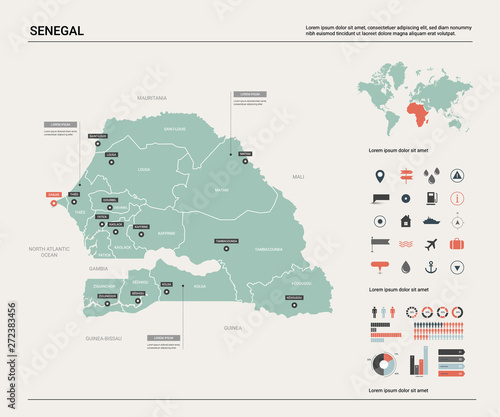 Vector map of Senegal. Country map with division, cities and capital Dakar. Political map, world map, infographic elements.