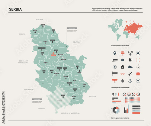 Vector map of Serbia. Country map with division, cities and capital Belgrade. Political map, world map, infographic elements.