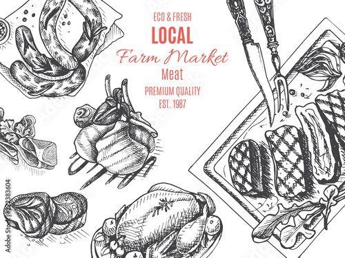 Vector illustration sketch - farm market. Card local meat shop.