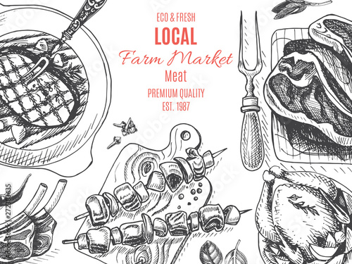 Vector illustration sketch - farm market. Card local meat shop.