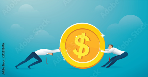 two men push the big gold coin to success vector illustration eps10