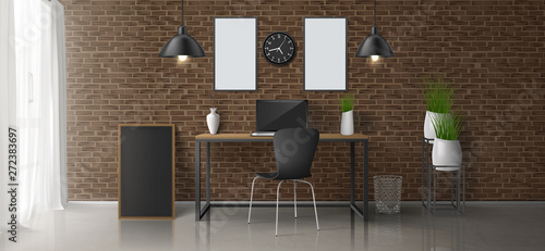 Home workplace, office room 3d realistic vector minimalistic design or loft style interior with laptop on work desk, blank paintings, photo frames on brick wall, hanging lamps, flowerpots illustration