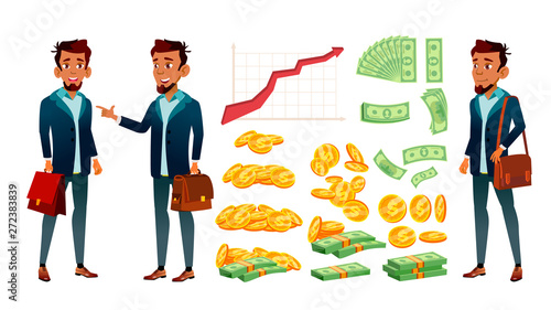 Character Banker And Grow Currency Graphic Vector. Young Businessman Banker In Suit With Case, Red Arrow, Golden Coin And Dollar Banknote Money. Financial Worker Flat Cartoon Illustration