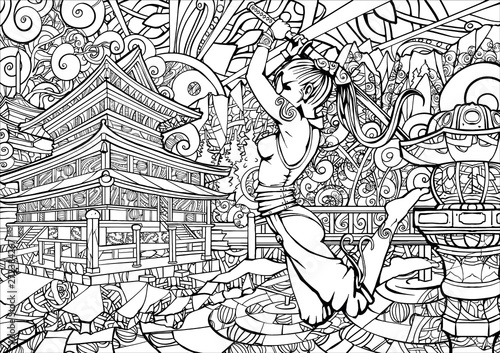 Coloring page for adults, girl samurai in the jump.