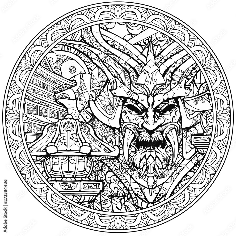 Coloring page for adults, sinister samurai mask.