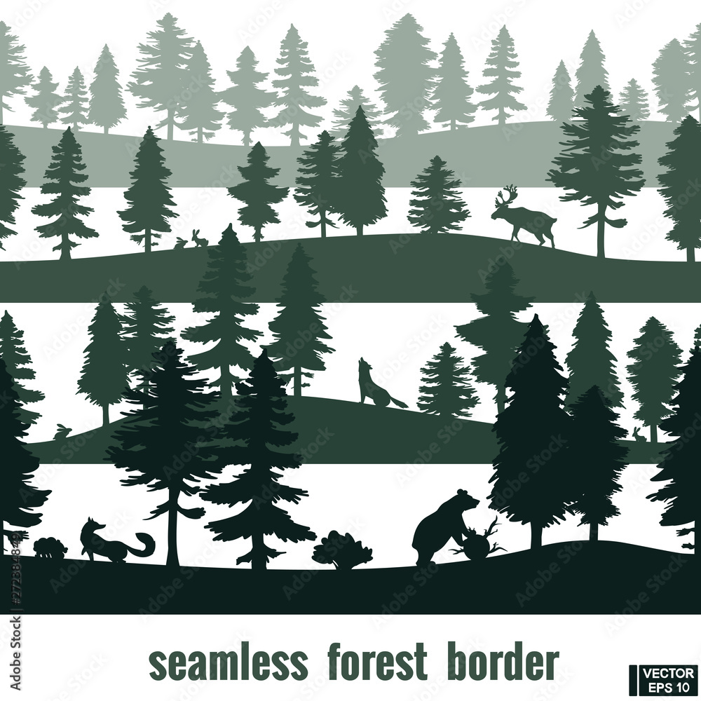 Seamless border silhouette of a coniferous forest with animals. Stock ...