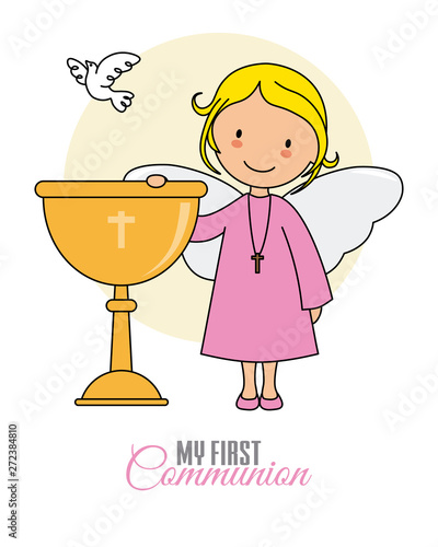 Communion card girl. Angel girl with chalice