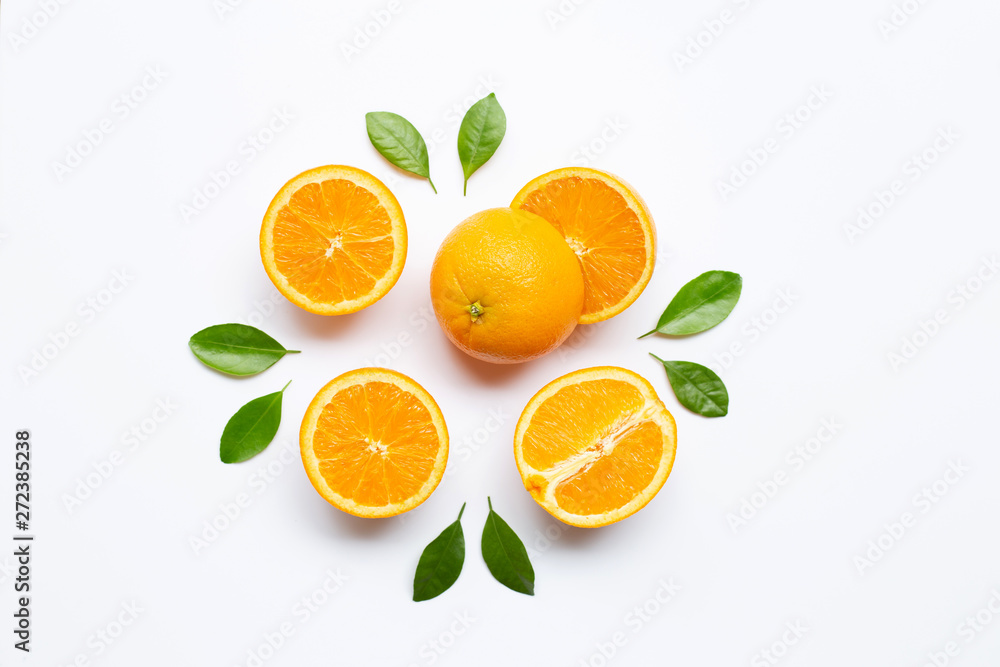 Fototapeta premium Fresh orange citrus fruit with leaves isolated on white background.