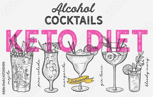 Keto diet cocktail illustration, vector hand drawn alcohol drinks