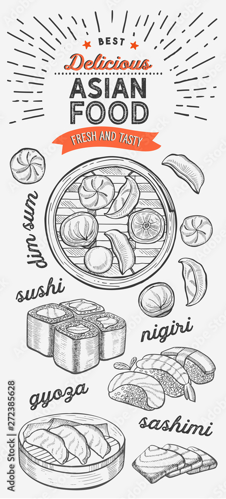 Asian illustrations - sushi, dim sum, noodle, gyoza for chinese restaurant.