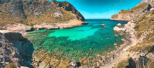Beautiful coastline view of the mountain cliff with turquoise water beaches ant the wild nature. Cala Figuera, Serra de Tramuntana, Cap de Formentor, Mallorca, Spain
